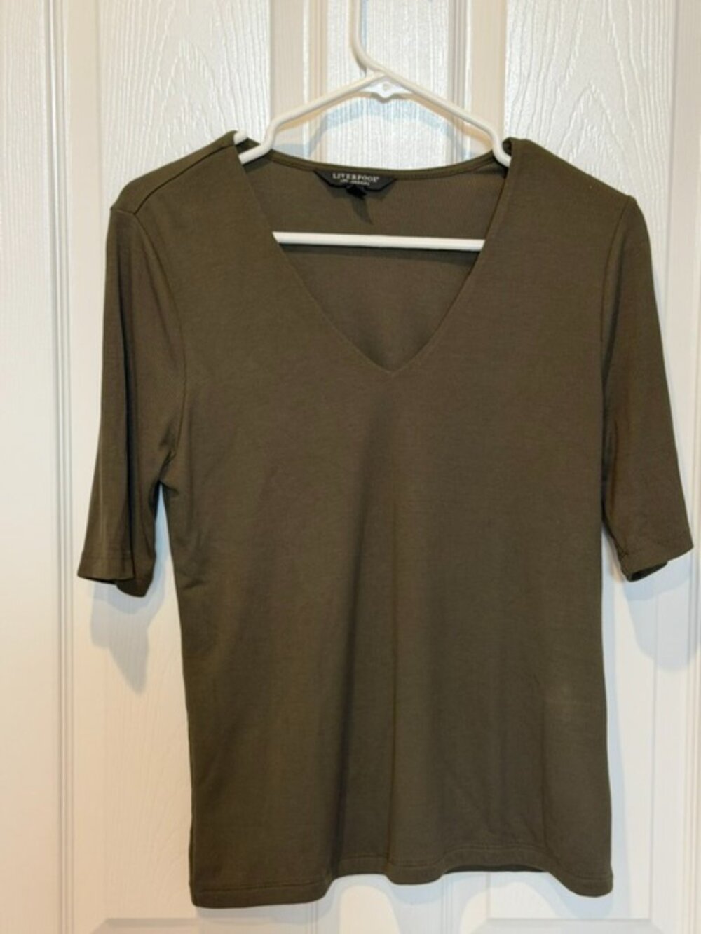 Liverpool Olive Green Ribbed V-Neck Blouse Top Size S